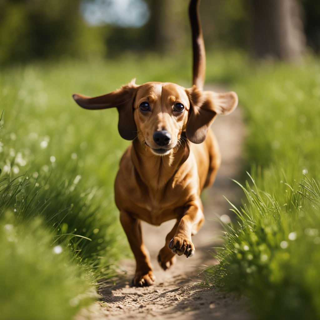 Buttercup, the senior tan Dachshund, walks on a grassy path, stretching and doing gentle exercises under the morning sun