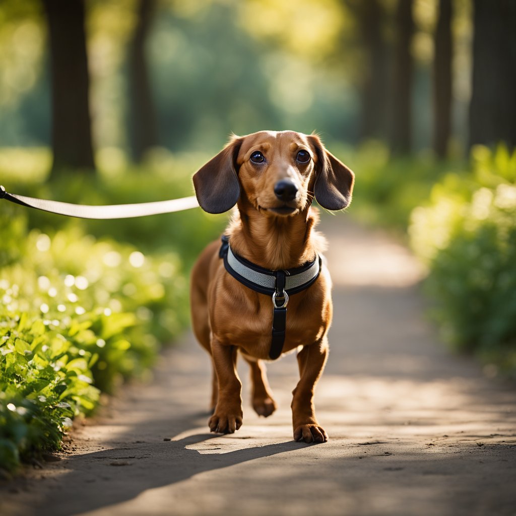 A senior tan Dachshund named Buttercup walking on a leash in a peaceful park setting, surrounded by trees and greenery