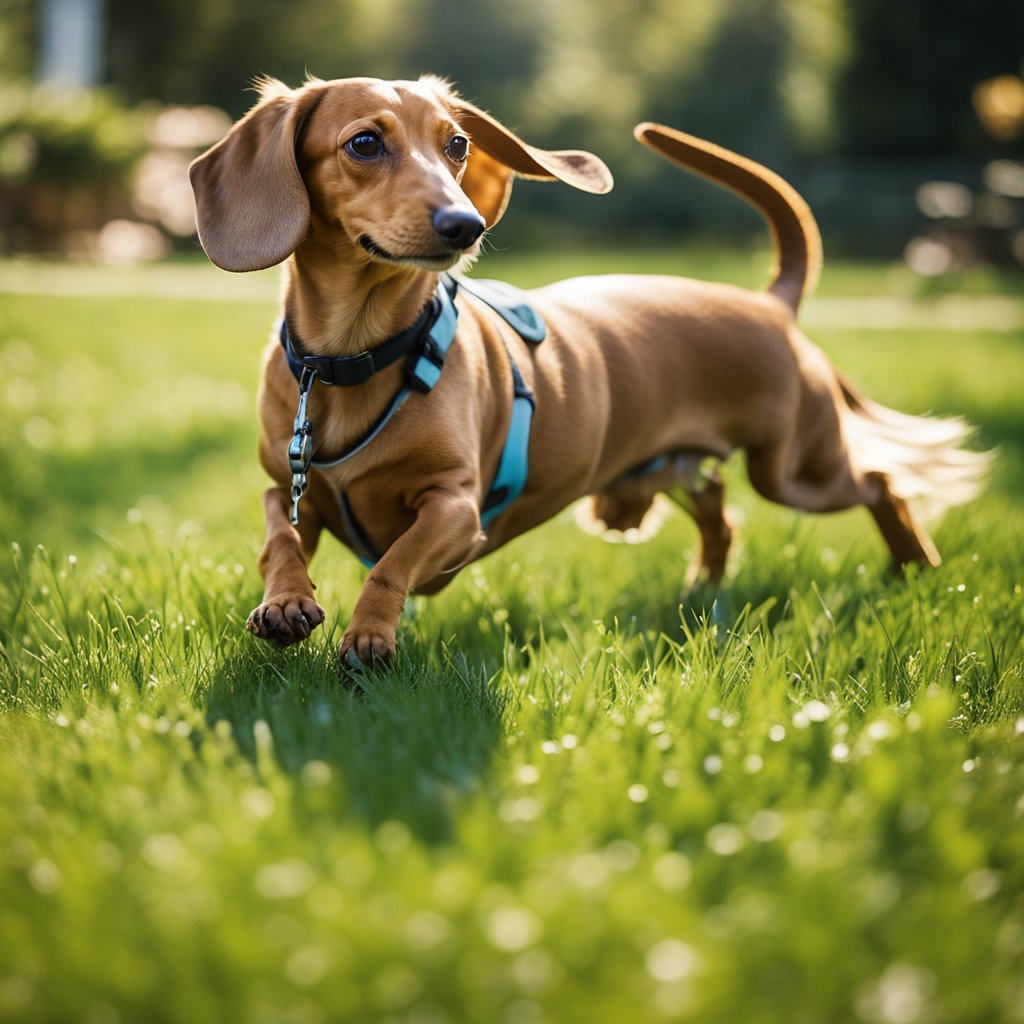 Buttercup, a senior tan Dachshund, follows a exercise plan. She stretches, walks, and does gentle strength exercises in a sunny, grassy yard