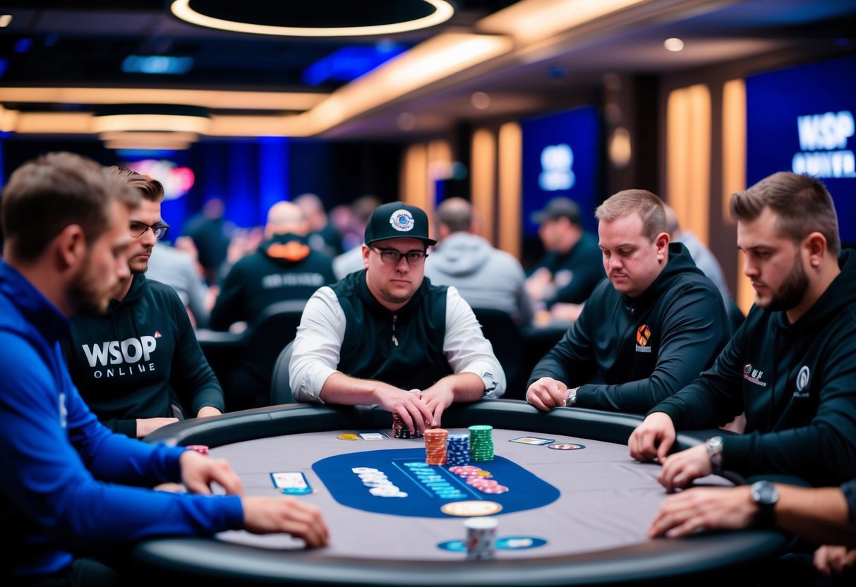 The final table of the WSOP online main event at GGPoker, with players gathered around the virtual poker table, focused and intense