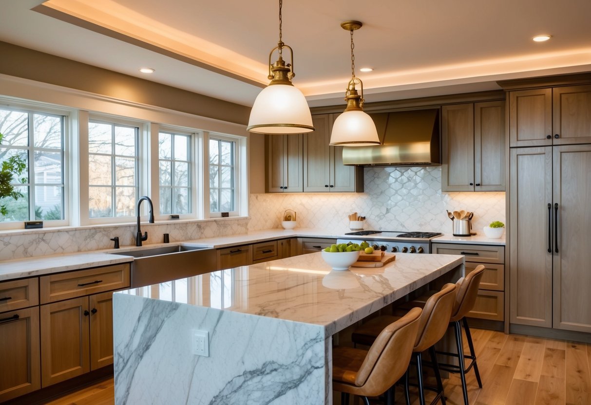 A cozy kitchen with pendant lights over a marble island, under-cabinet LED strips, and recessed ceiling fixtures for a warm, well-lit space