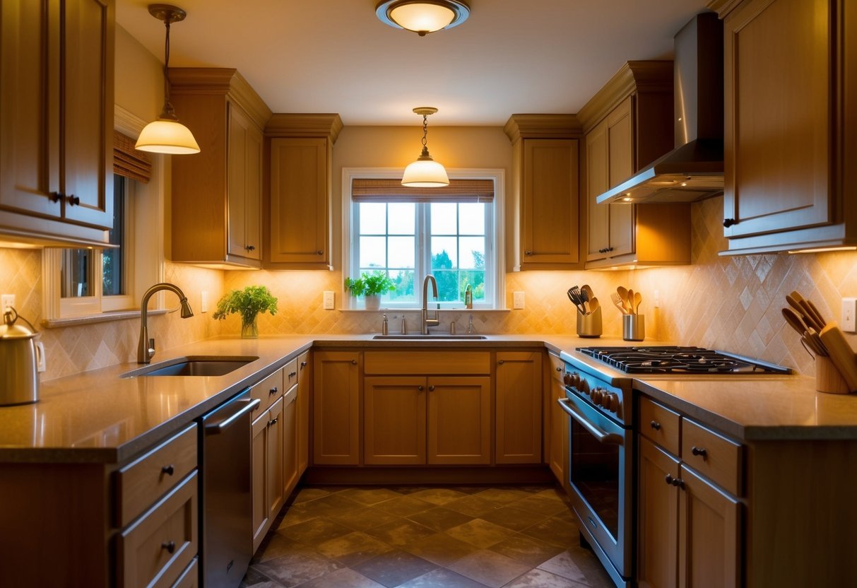 A cozy kitchen with warm ambient lighting, casting a soft glow over the countertops and creating a welcoming atmosphere