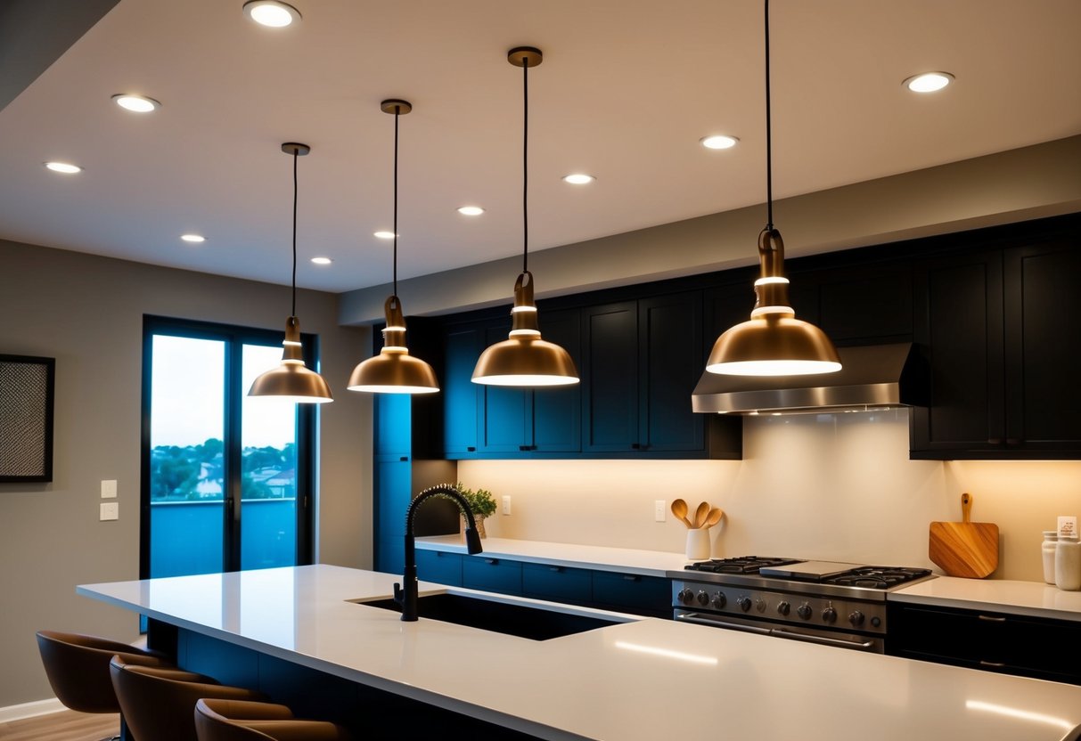 A modern kitchen with recessed lighting and hanging pendant lights over an island. The dimmable LED bulbs create a warm and inviting atmosphere