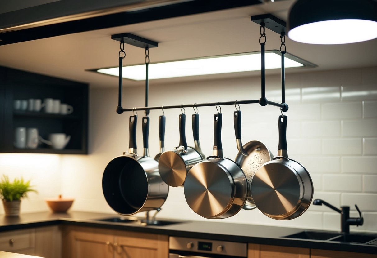 A kitchen with a suspended pot rack, illuminated by overhead lighting