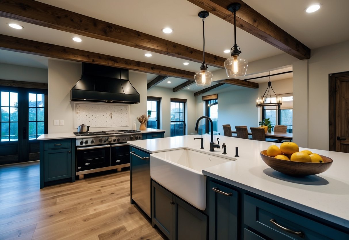 A spacious kitchen with a large farmhouse sink, exposed wooden beams, and a mix of pendant and recessed lighting