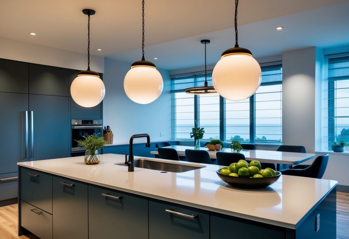 A modern kitchen with globe pendant lighting hanging above a sleek island