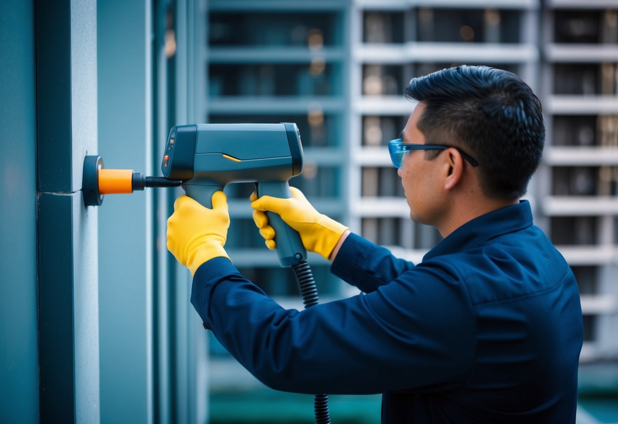 A technician uses thermal scanning equipment to detect water leaks in a Malaysian building