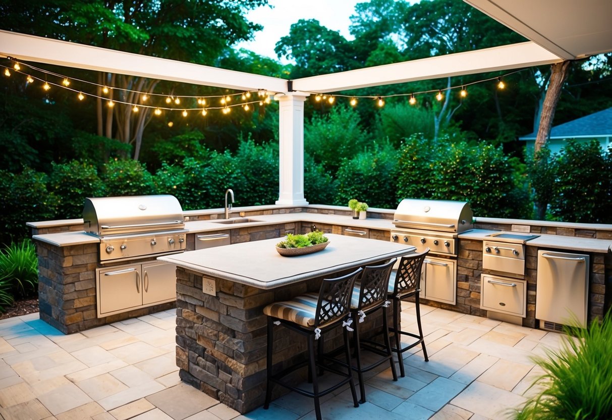 A spacious outdoor kitchen with a large stone island, stainless steel appliances, and a cozy seating area surrounded by lush greenery and twinkling string lights