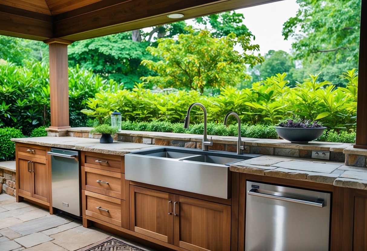 A spacious outdoor kitchen prep station with a large sink, surrounded by lush greenery and natural stone countertops