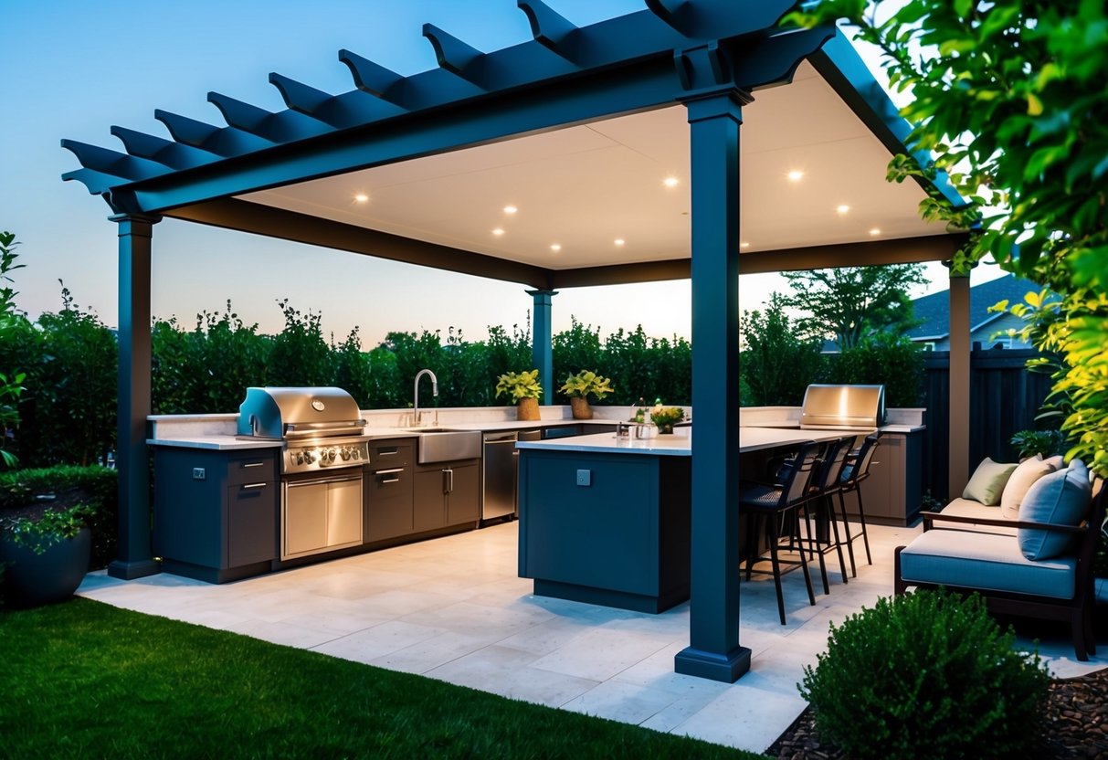 A pergola overhang shelters a sleek outdoor kitchen with modern appliances and ample counter space, surrounded by lush greenery and comfortable seating