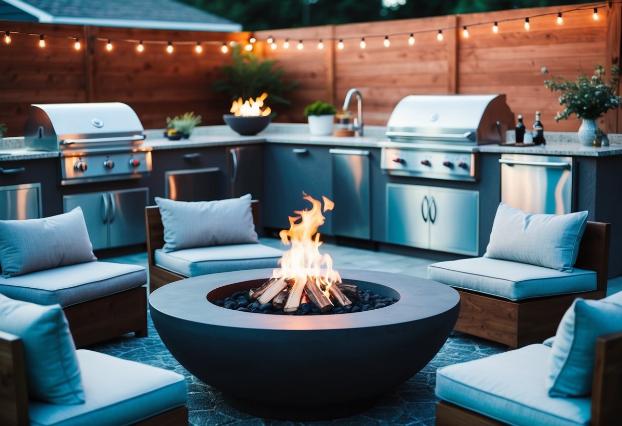 A cozy fire pit surrounded by comfortable seating, adjacent to a stylish outdoor kitchen with modern appliances and ample counter space