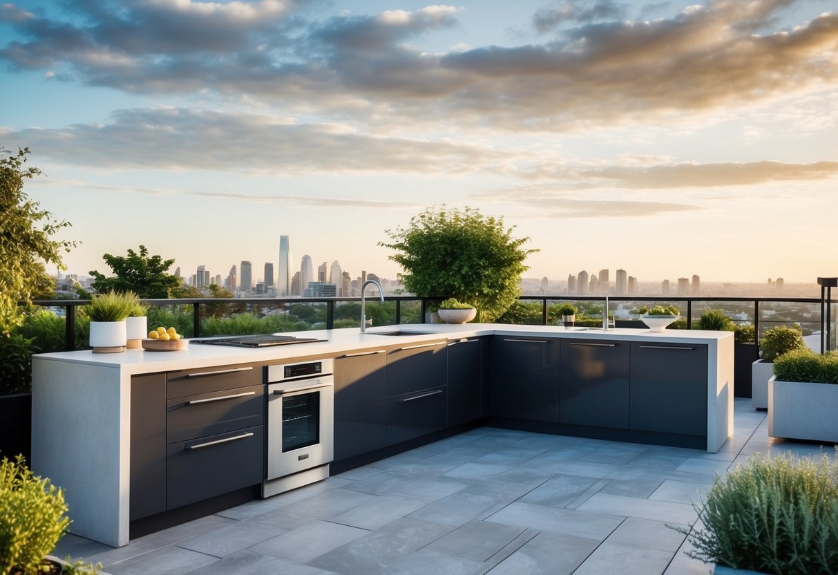 A modern rooftop terrace kitchen with sleek appliances, surrounded by lush greenery and city views