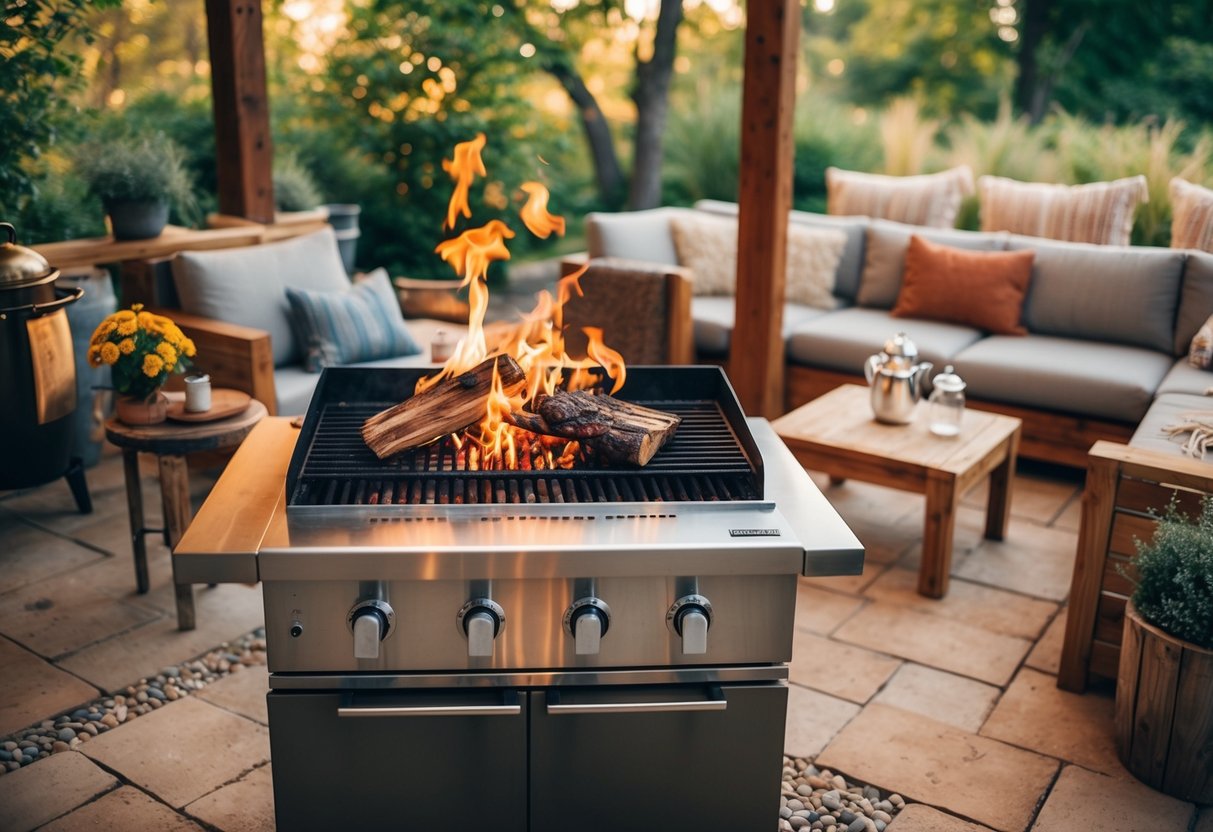 A rustic wood-fired grill sits in an outdoor kitchen surrounded by natural elements and cozy seating