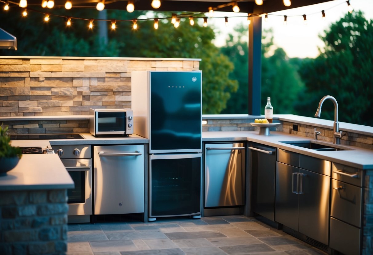 A compact refrigerator sits nestled within a sleek outdoor kitchen, surrounded by stainless steel appliances and stone countertops under the warm glow of string lights