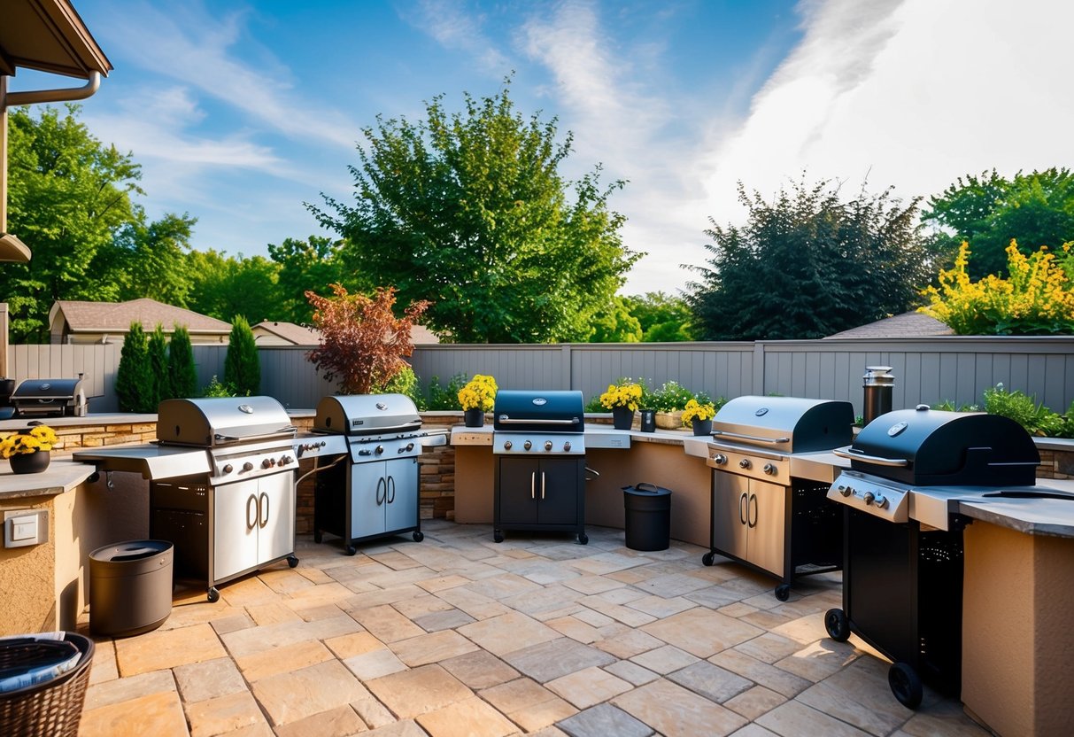 A backyard patio with various charcoal grills and smokers surrounded by outdoor kitchen amenities and seating areas