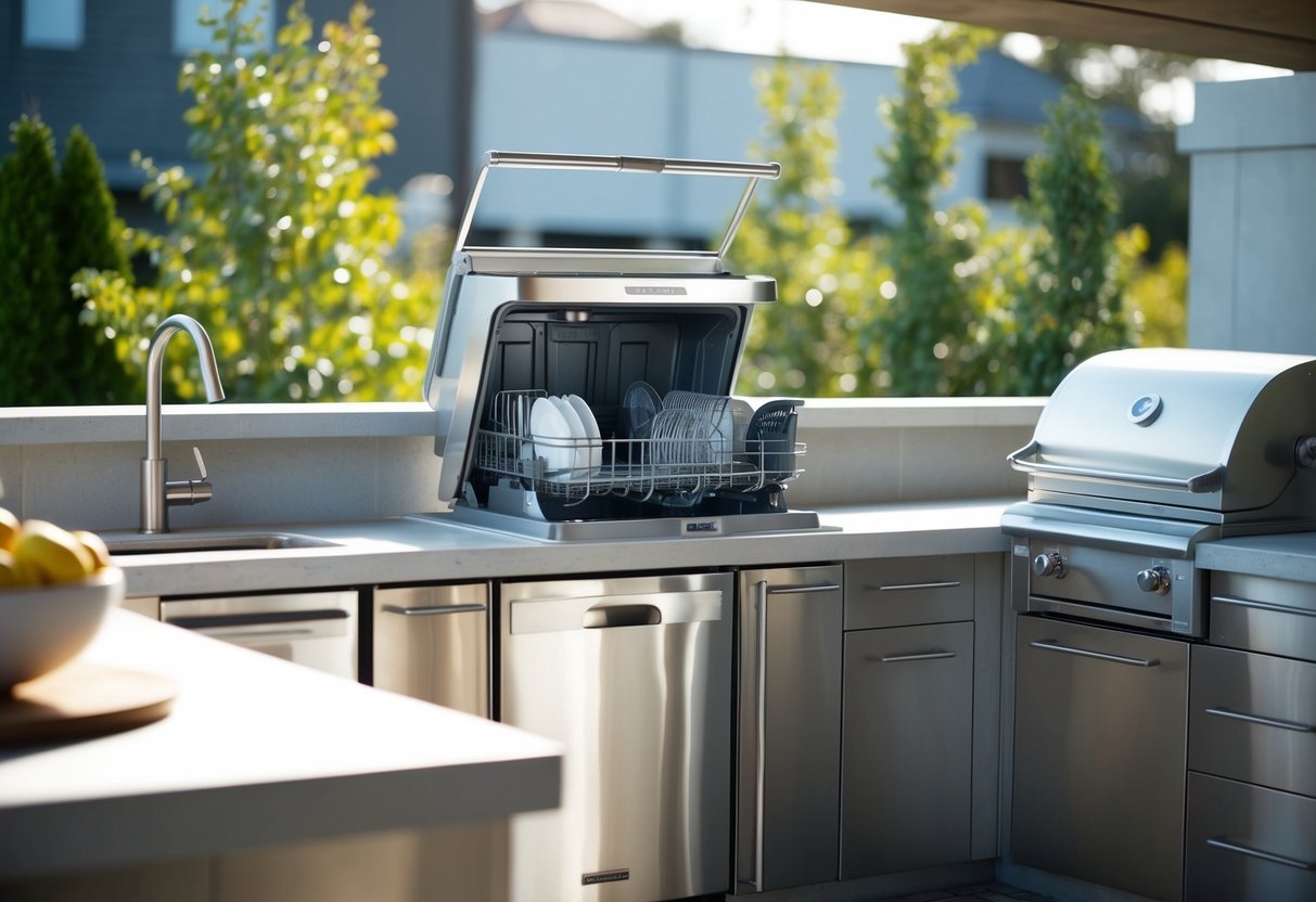 An outdoor dishwasher unit installed in a sleek and modern outdoor kitchen, surrounded by stainless steel appliances and ample counter space