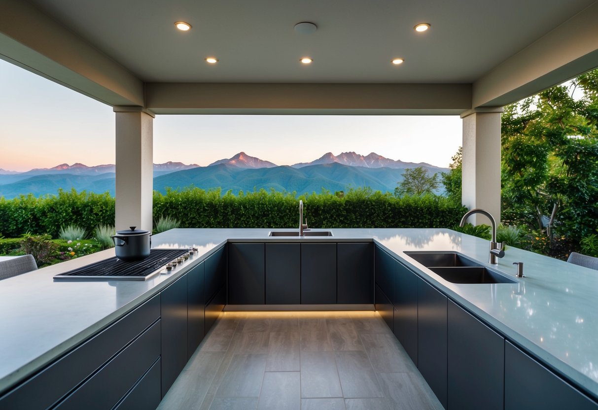 A spacious outdoor kitchen with sleek, weatherproof countertops surrounded by lush greenery and a panoramic view of the mountains