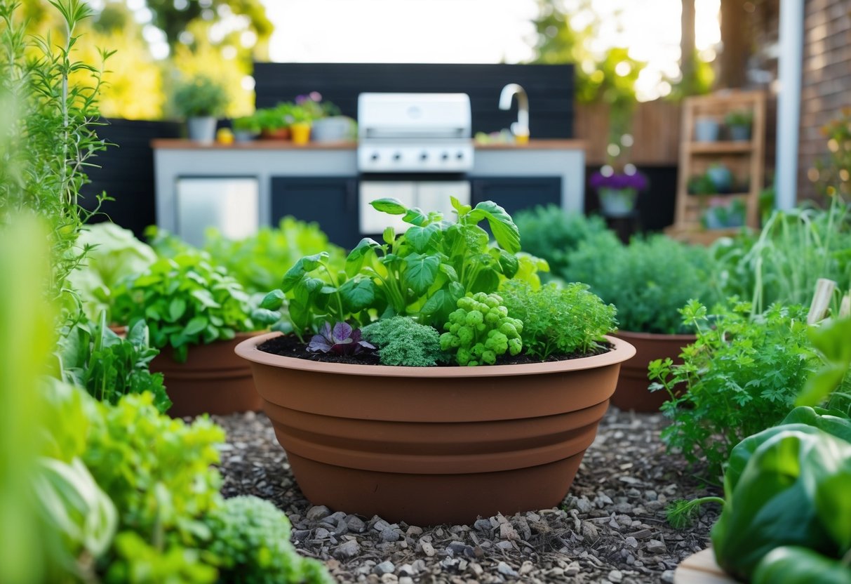 A garden vegetable planter surrounded by a variety of herbs and vegetables, with an outdoor kitchen in the background