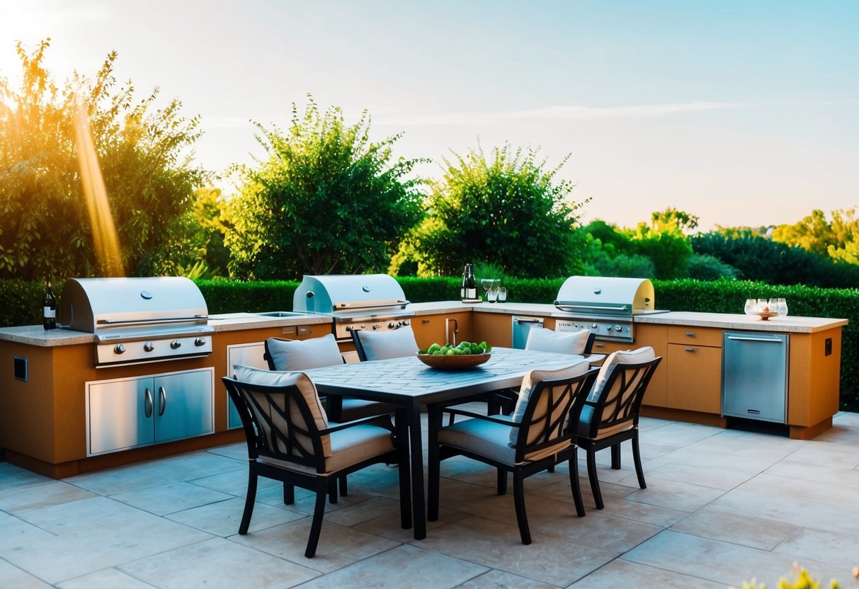 An outdoor kitchen with a large alfresco dining table surrounded by comfortable chairs, set against a backdrop of lush greenery and warm sunlight