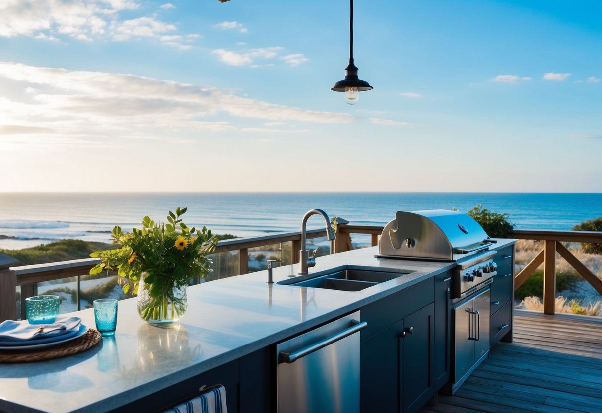 A seaside outdoor kitchen with coastal-themed accessories and a view of the ocean