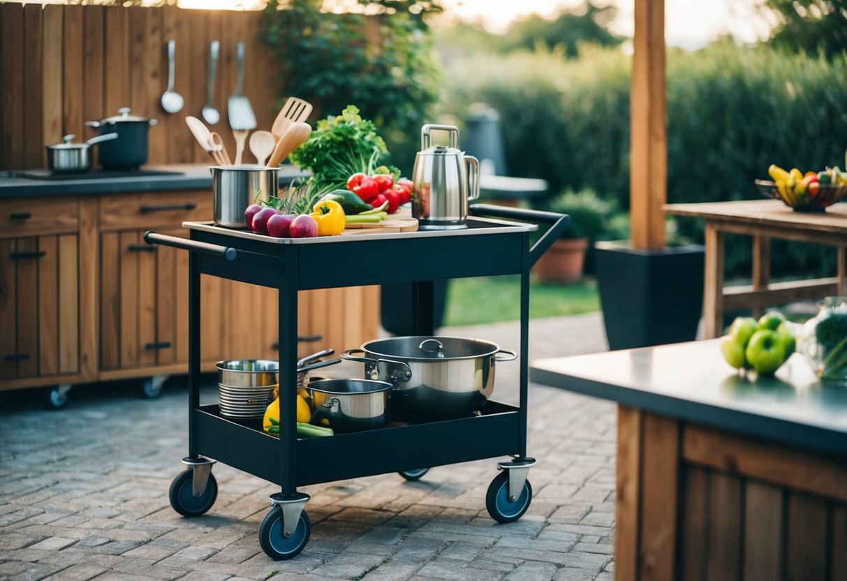 A mobile outdoor cart with various cooking utensils and fresh ingredients displayed in a rustic outdoor kitchen setting