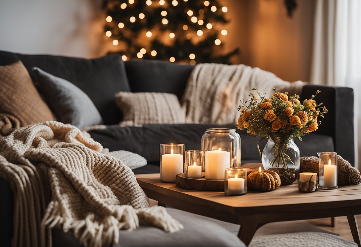 A cozy living room with a plush throw blanket draped over a sofa, a rustic wooden coffee table adorned with a vase of autumn flowers, and a warm glow from a set of decorative string lights