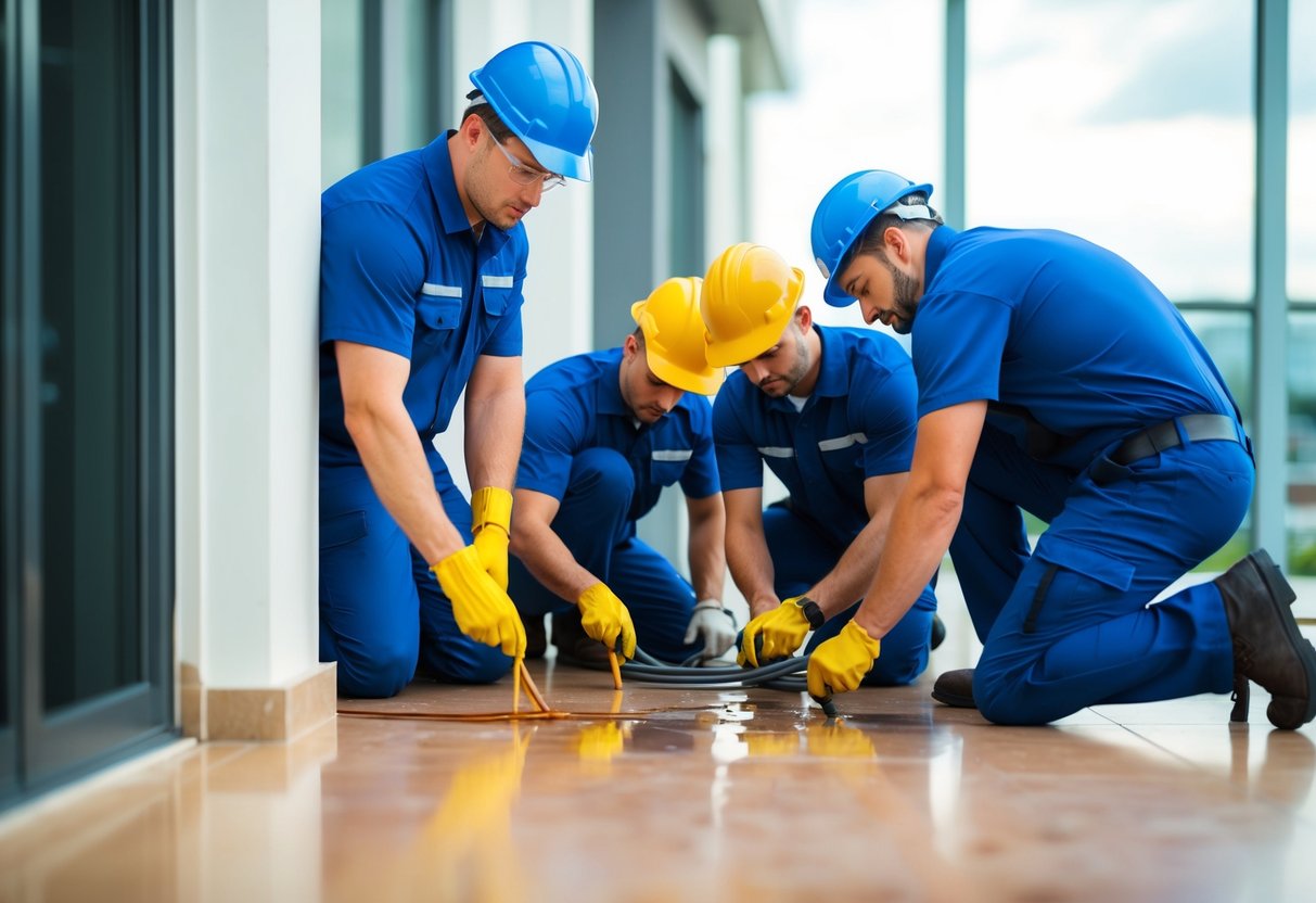 A group of professionals inspecting and repairing leaks in a building