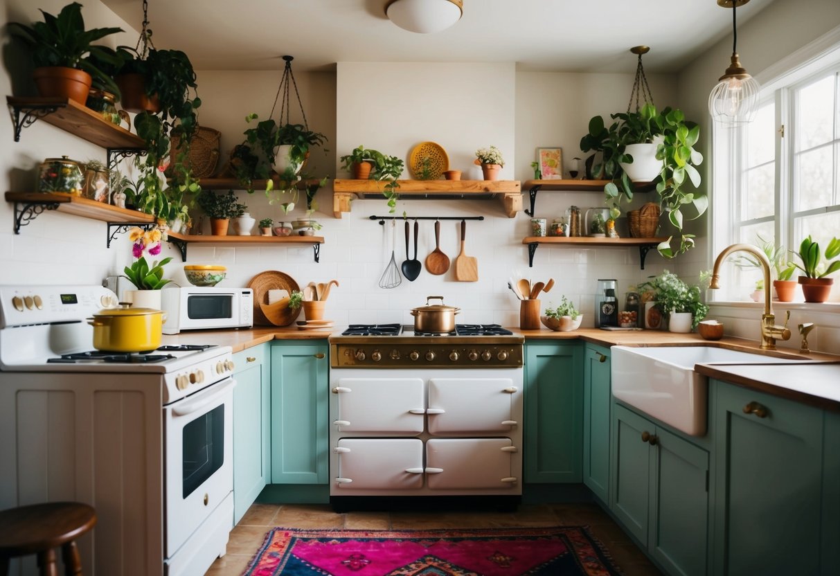 A cozy bohemian kitchen with eclectic decor, hanging plants, colorful rugs, and vintage-inspired appliances