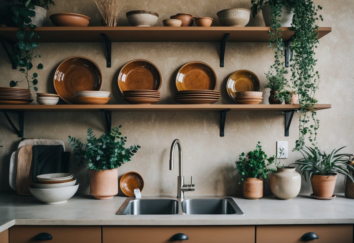 A rustic kitchen with earth-toned ceramic dishware displayed on open shelves, surrounded by plants and natural textures