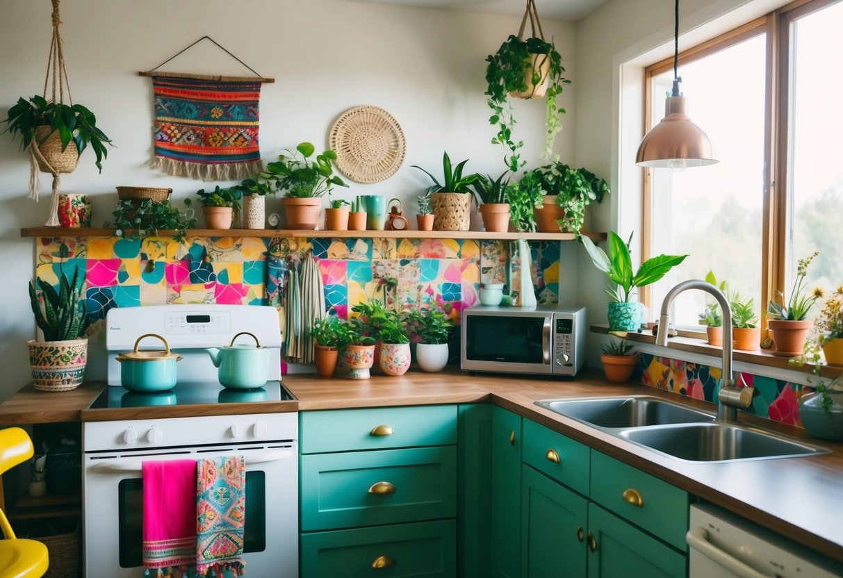 A boho-chic kitchen with colorful wall hangings, plants, and eclectic decor