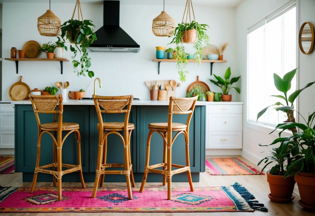 Bamboo bar stools in a boho kitchen with colorful rugs and hanging plants