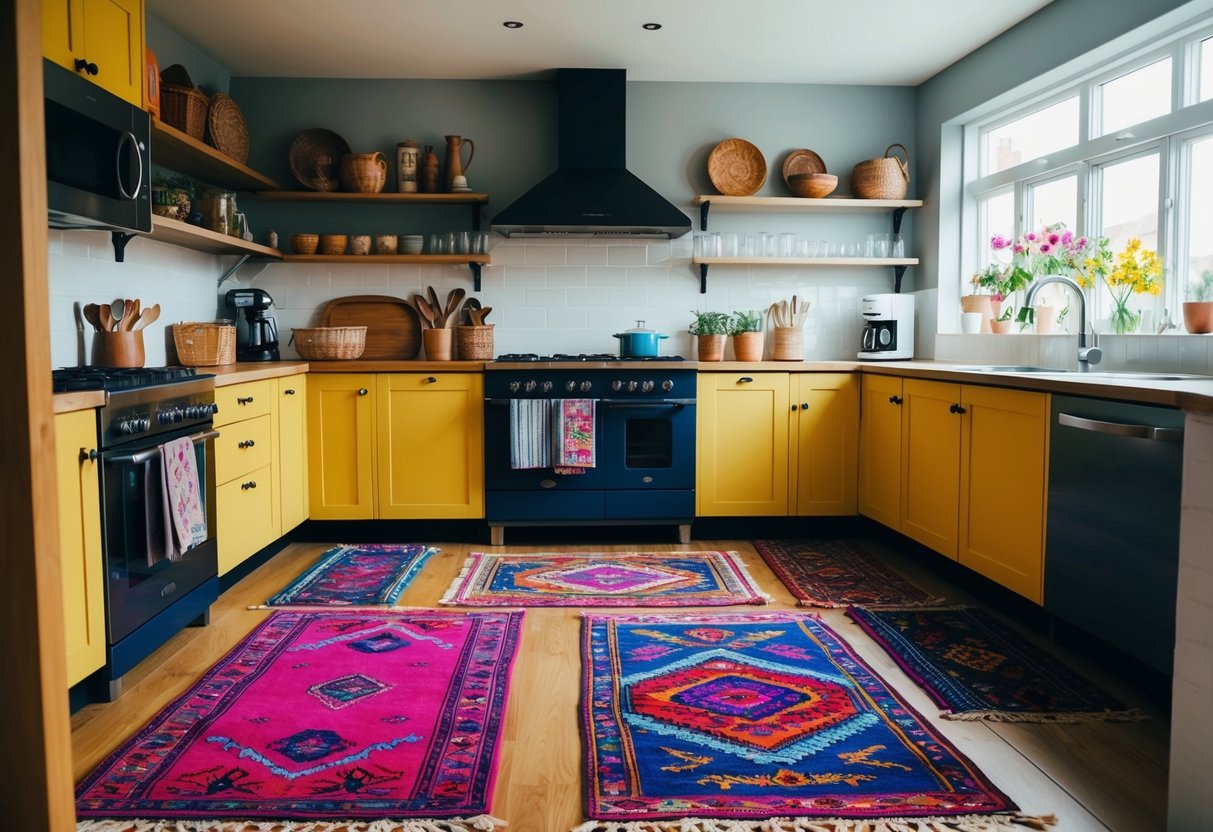 A cozy kitchen with vibrant, colorful bohemian rugs scattered across the floor, adding a lively and eclectic touch to the space