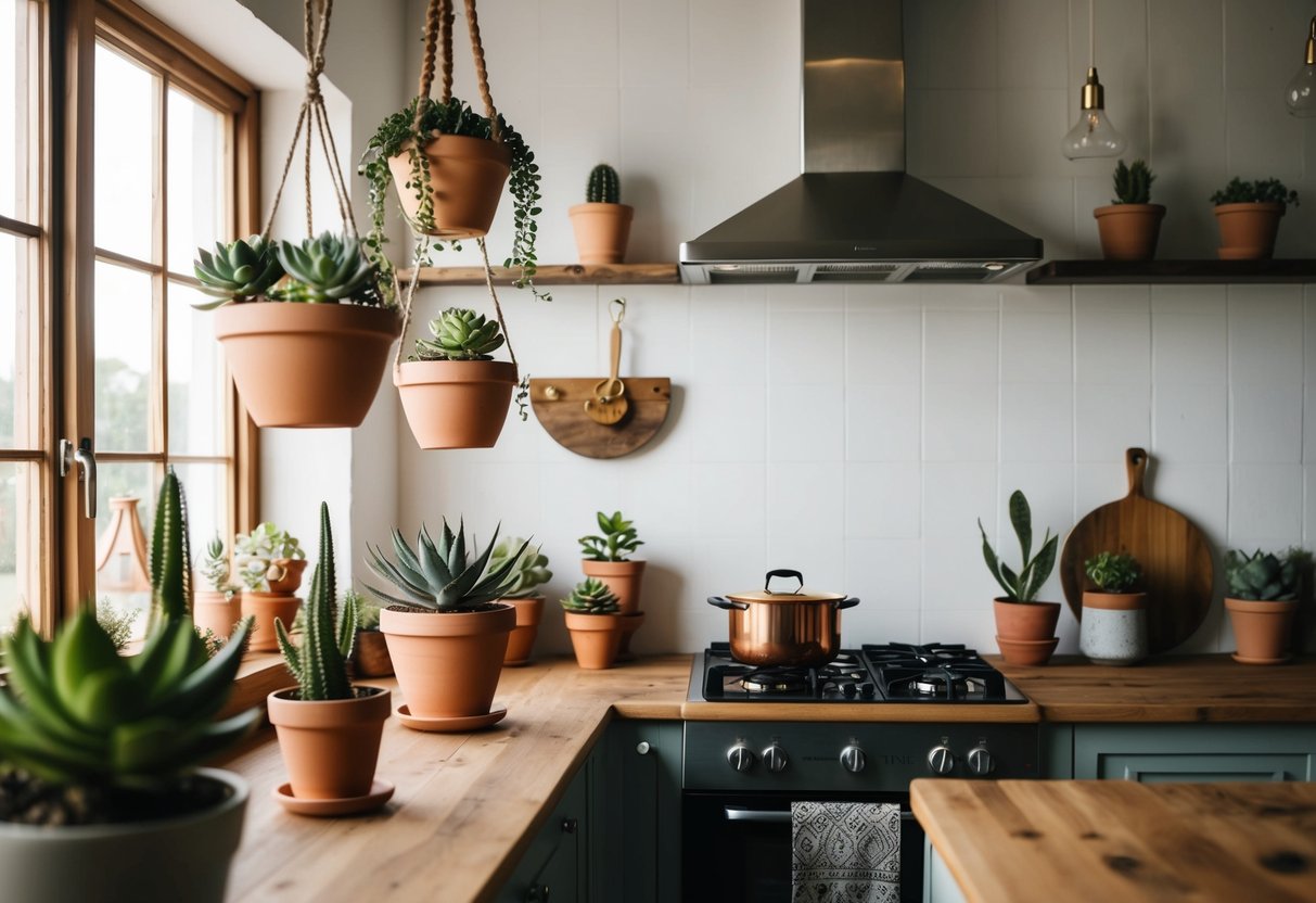 A rustic kitchen with hanging potted succulents and bohemian decor