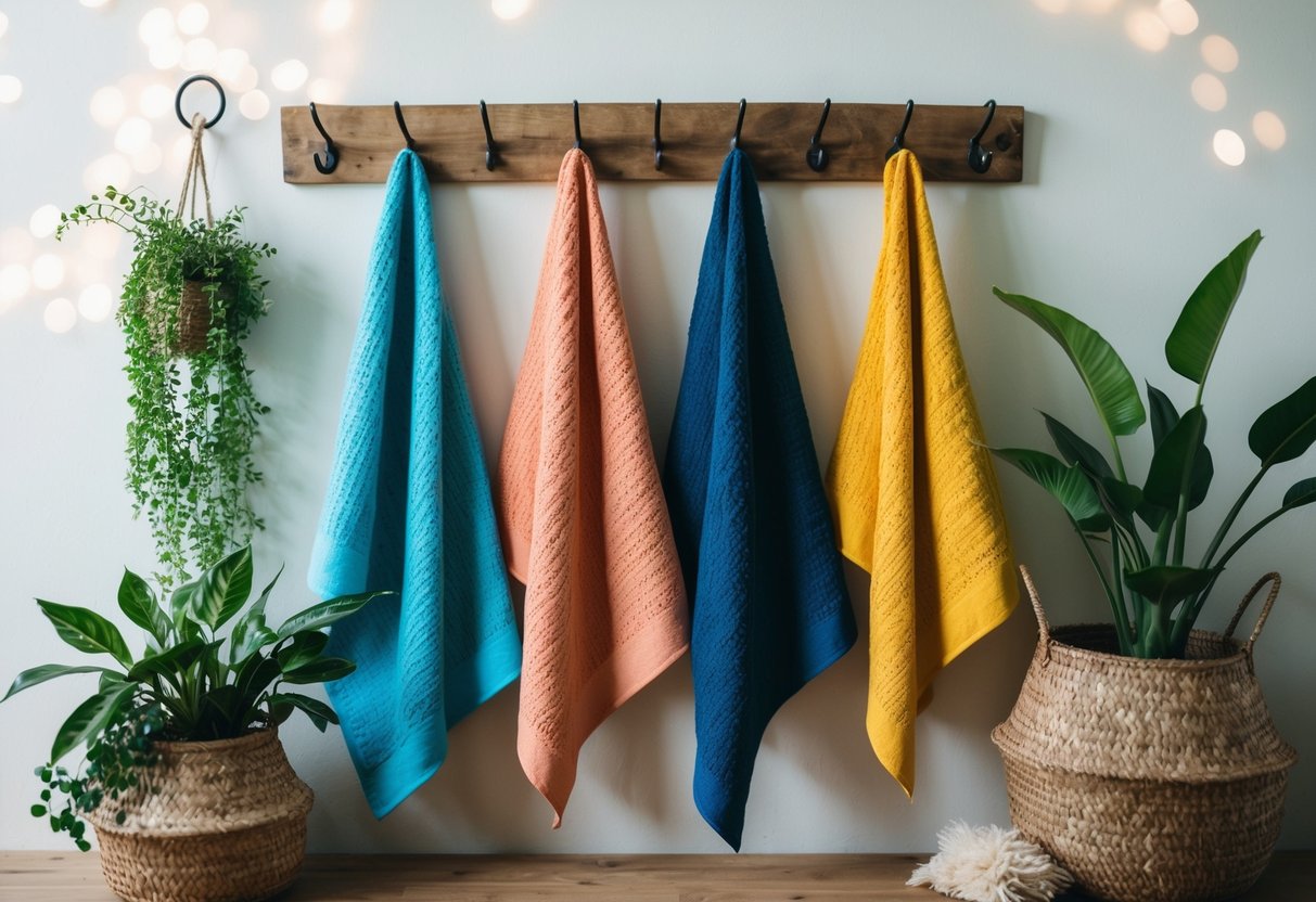 Colorful kitchen towels draped over rustic wooden hooks. Plants and woven baskets add bohemian flair