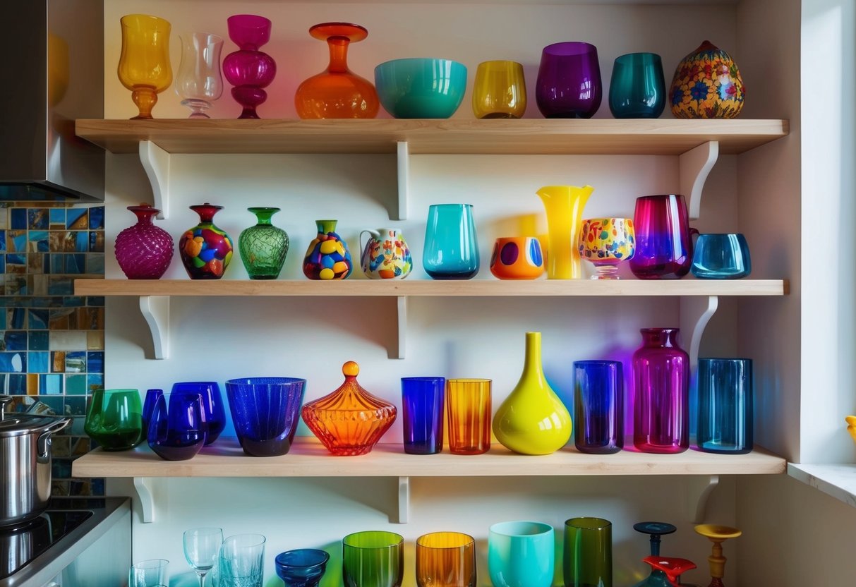 A collection of vibrant, eclectic glassware adorns open shelves in a bohemian-inspired kitchen