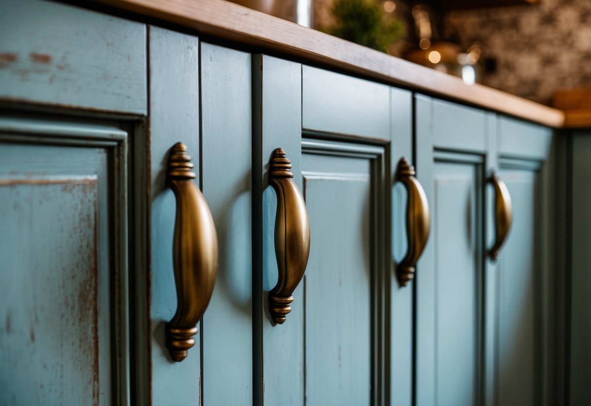 A close-up of vintage brass cabinet handles on a weathered, bohemian-style kitchen cabinet