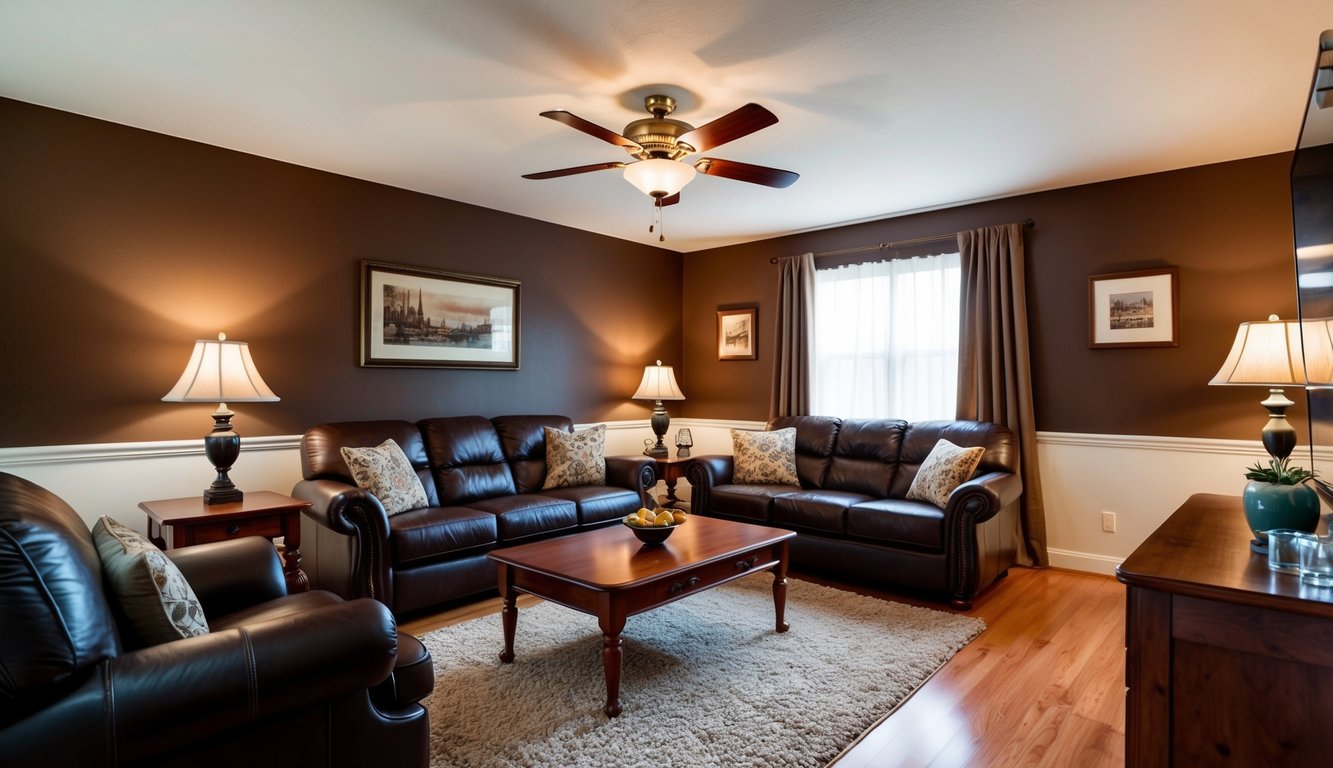 A cozy living room with cherry wood furniture and rich espresso paint on the walls. A warm, inviting atmosphere with a touch of elegance