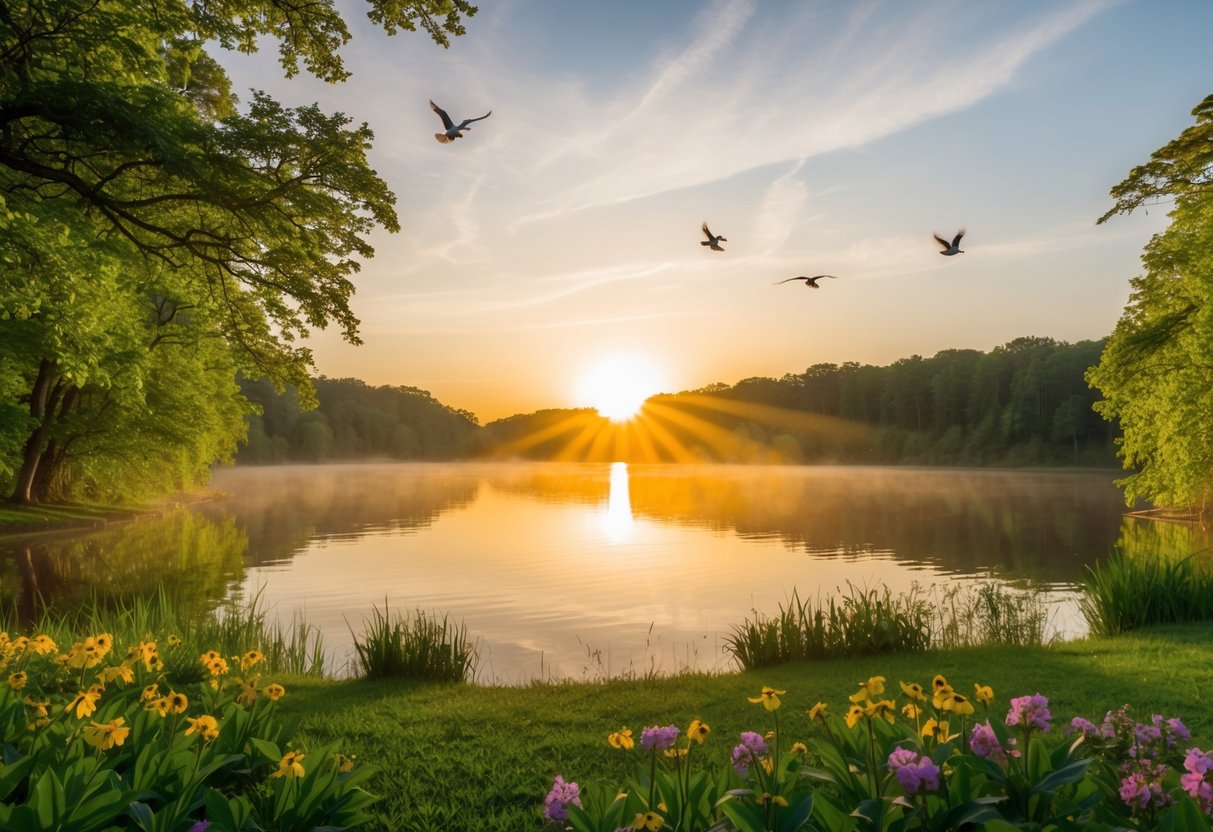 Ein Sonnenaufgang über einem ruhigen See, umgeben von üppigen grünen Bäumen und bunten Blumen, mit Vögeln, die darüber fliegen, und einem Gefühl von Frieden und Möglichkeiten in der Luft.