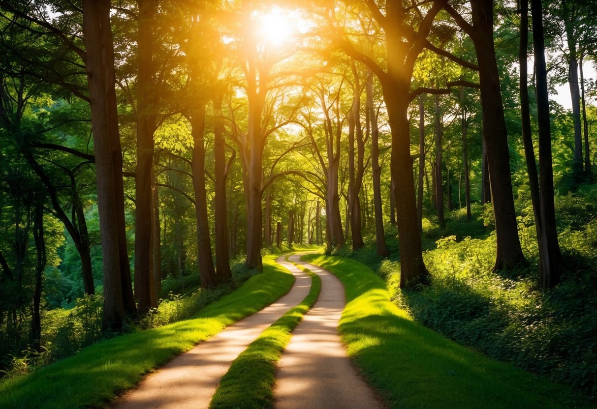 Ein gewundener Pfad durch einen üppigen Wald, mit Sonnenlicht, das durch die Bäume bricht