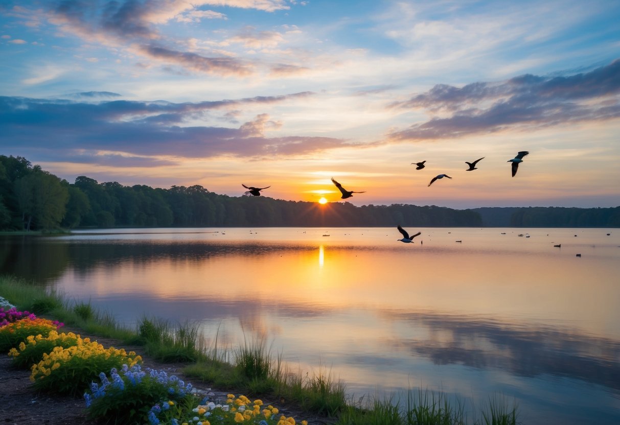 Ein Sonnenaufgang über einem ruhigen See, mit Vögeln, die in der Ferne fliegen, und bunten Blumen, die am Ufer blühen.