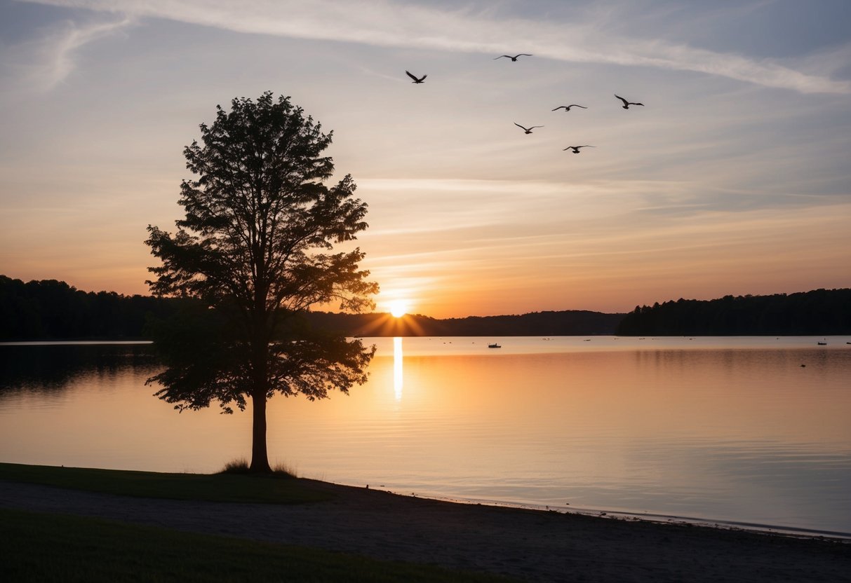 Ein ruhiger Sonnenuntergang über einem stillen See, mit einem einsamen Baum am Ufer und Vögeln, die in der Ferne fliegen.