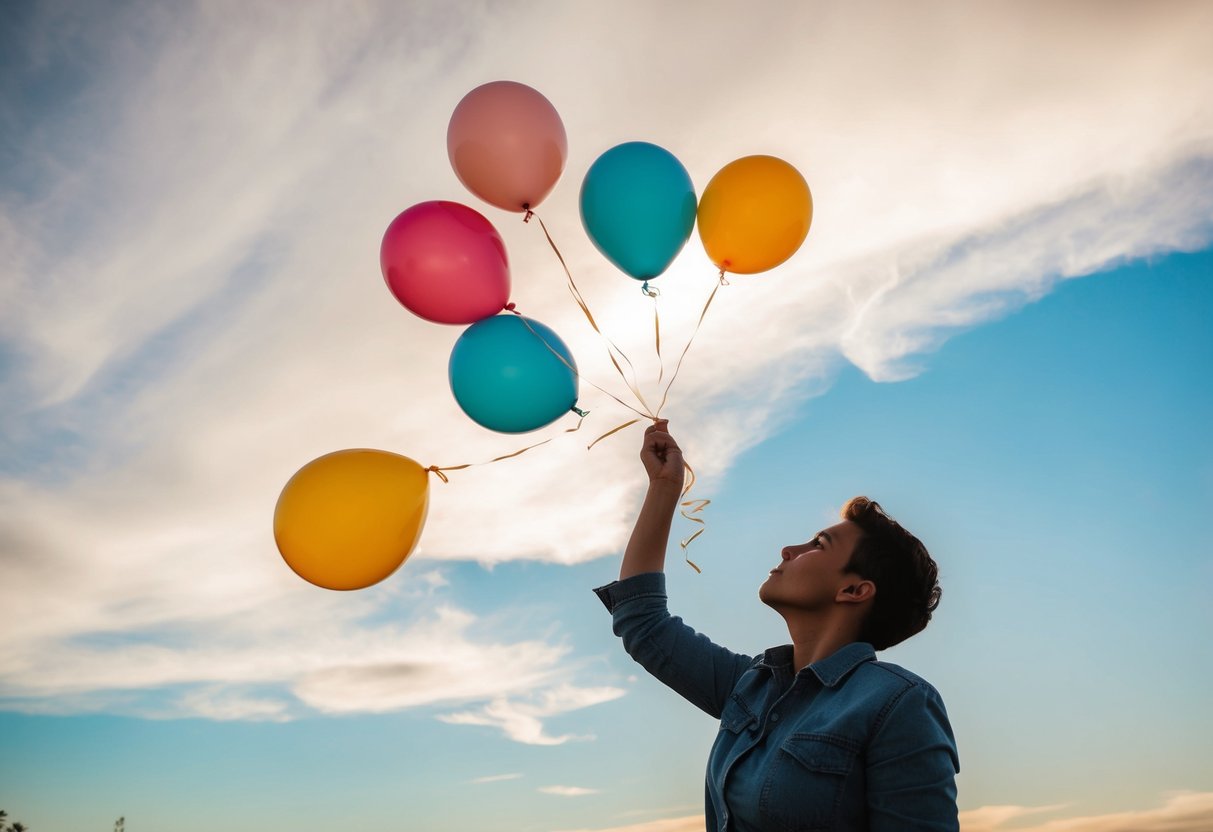 Eine Person, die Luftballons in den Himmel steigen lässt und negative Gedanken und Emotionen loslässt.