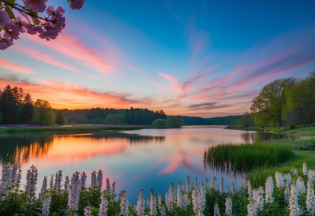 Eine ruhige Landschaft mit blühenden Blumen, einem friedlichen See und einem bunten Sonnenuntergang