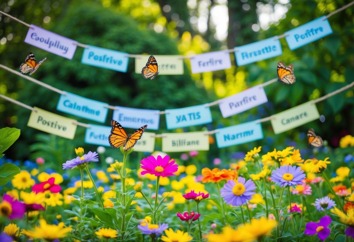 Ein ruhiger Garten mit bunten Blumen und Schmetterlingen, umgeben von positiven Affirmationen, die in verschiedenen Sprachen auf hängenden Bannern geschrieben sind.