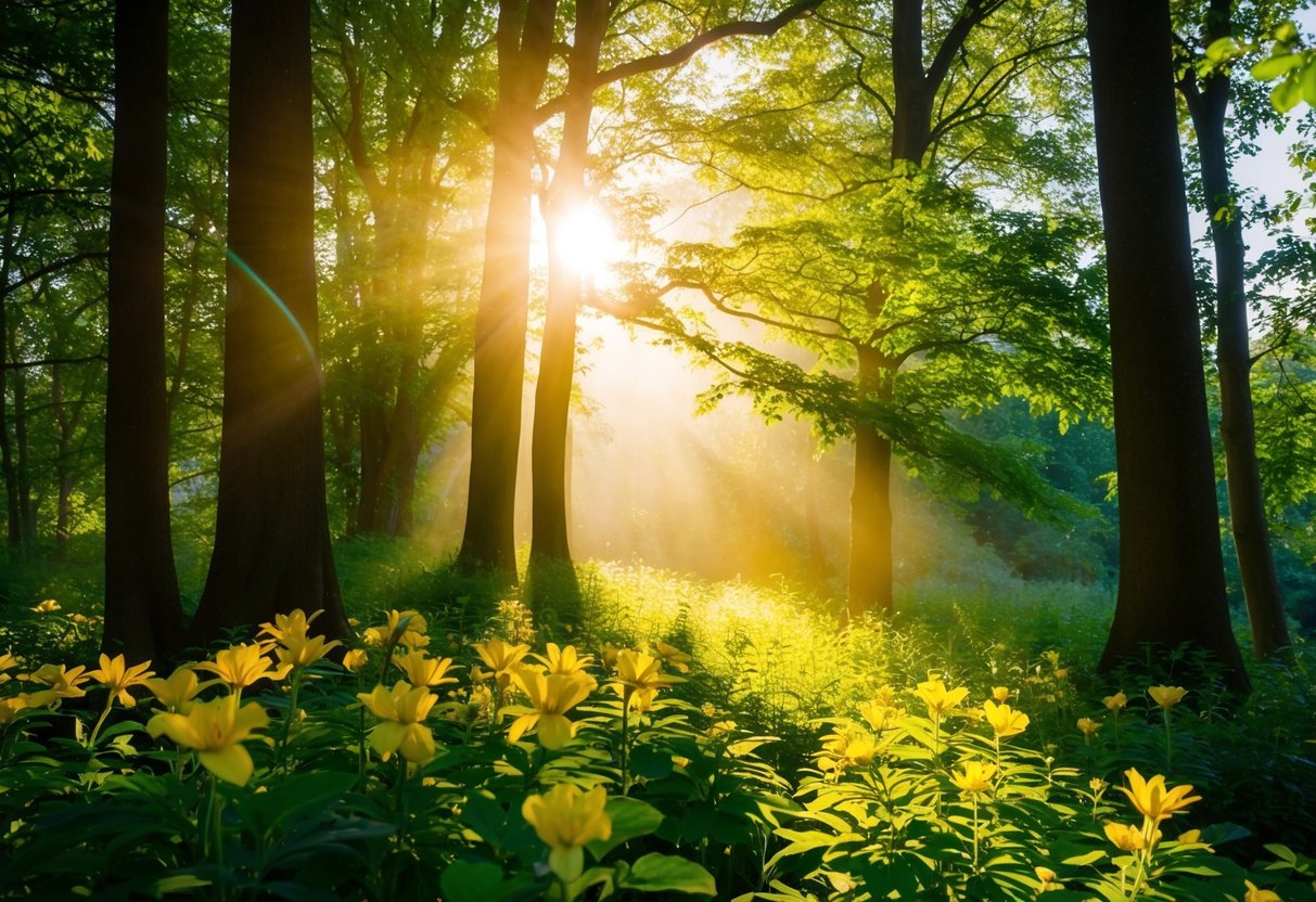 Ein ruhiger Wald, in dem das Sonnenlicht durch die Blätter filtert und einen warmen Schein auf die lebhaften Blumen und das üppige Grün wirft.