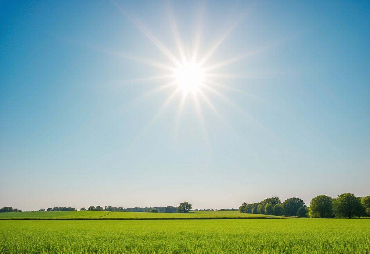 Eine friedliche Landschaft mit einer hellen Sonne, klarem blauen Himmel und lebhaften grünen Feldern, die ein Gefühl von Freude und Zufriedenheit hervorrufen.