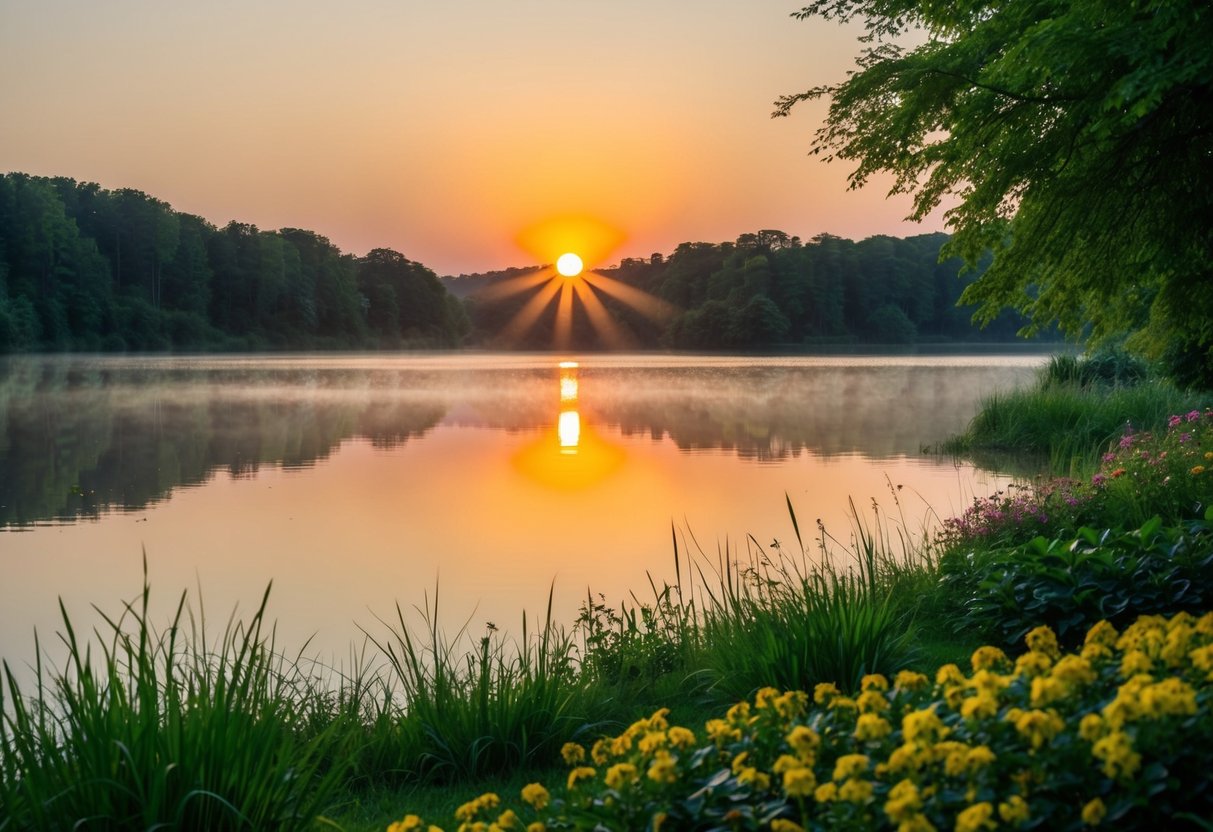 Ein ruhiger Sonnenaufgang über einem friedlichen See, umgeben von üppigem Grün und bunten Blumen. Ein Gefühl von Frieden und Positivität strahlt von der Szene aus.