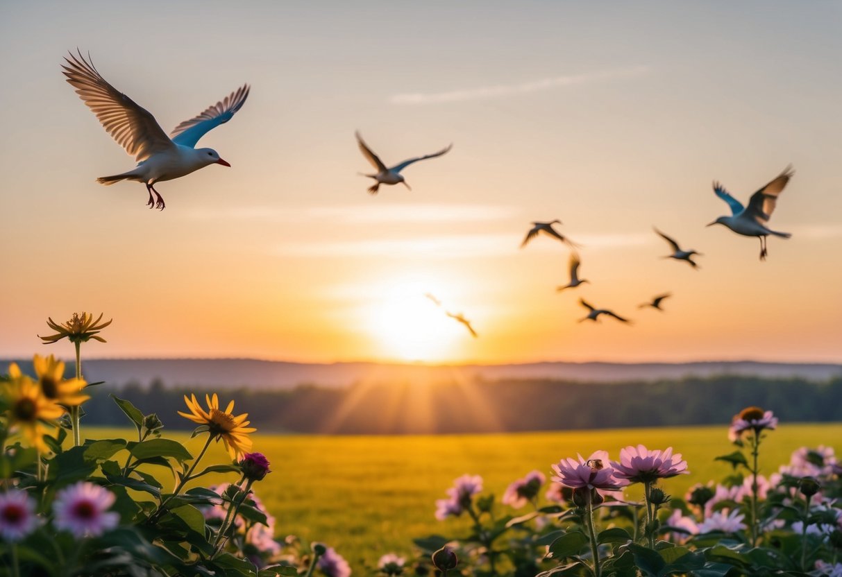 Eine Sonne, die über eine friedliche Landschaft aufgeht, mit fliegenden Vögeln und blühenden Blumen, symbolisiert die Bereitschaft für den bevorstehenden Tag.