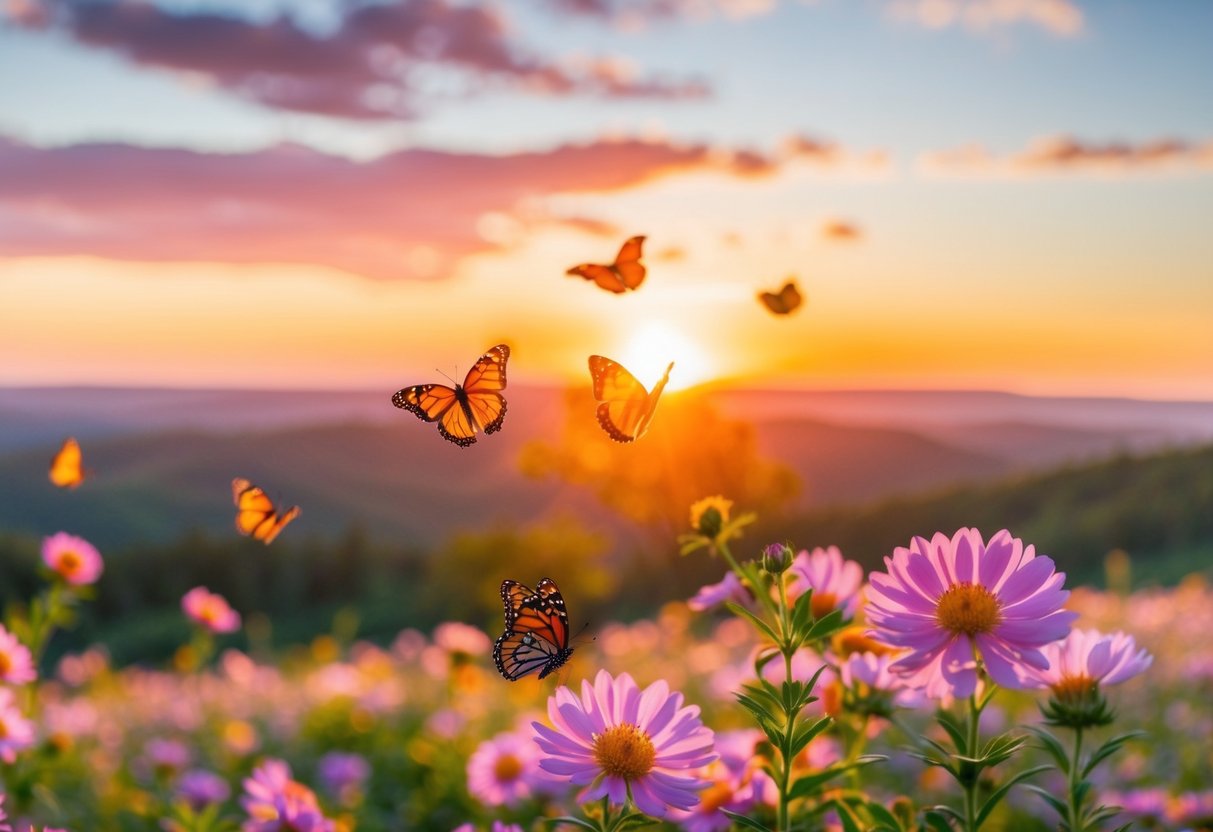 Ein lebendiger Sonnenaufgang über einer ruhigen Landschaft mit blühenden Blumen und flatternden Schmetterlingen