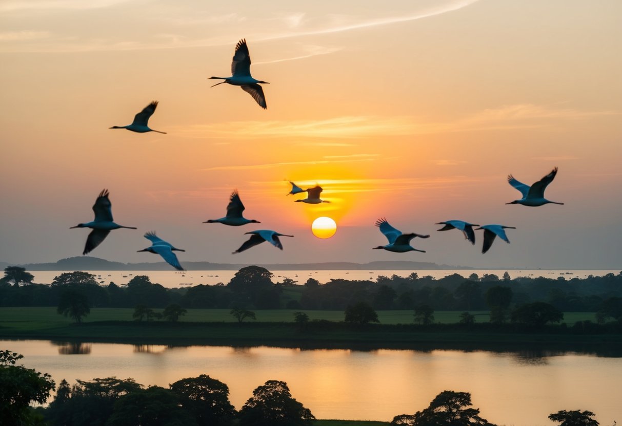 Ein friedlicher Sonnenaufgang über einer ruhigen Landschaft, mit fliegenden Vögeln und üppigem Grün